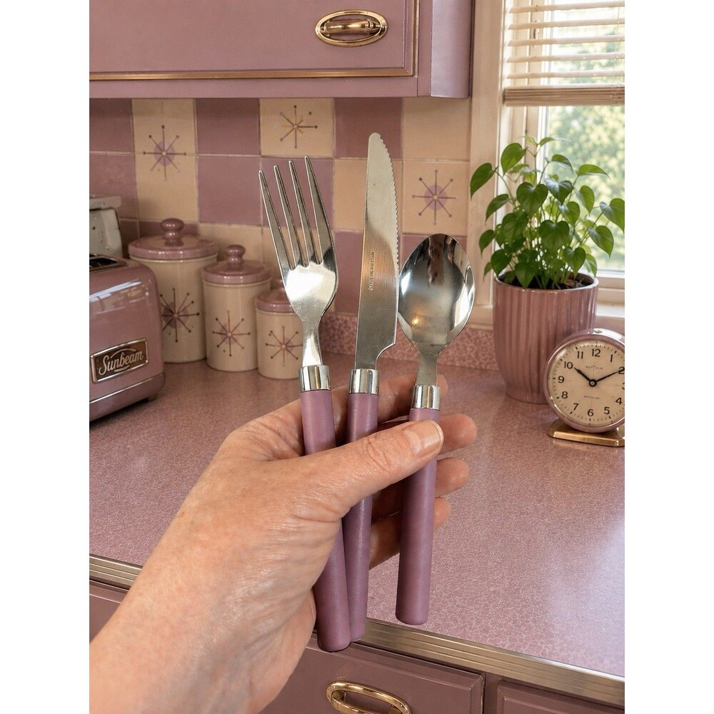 Vintage Style 15Pc Pink Flatware Set 1810 Stainless Steel Retro Mauve Handle Set